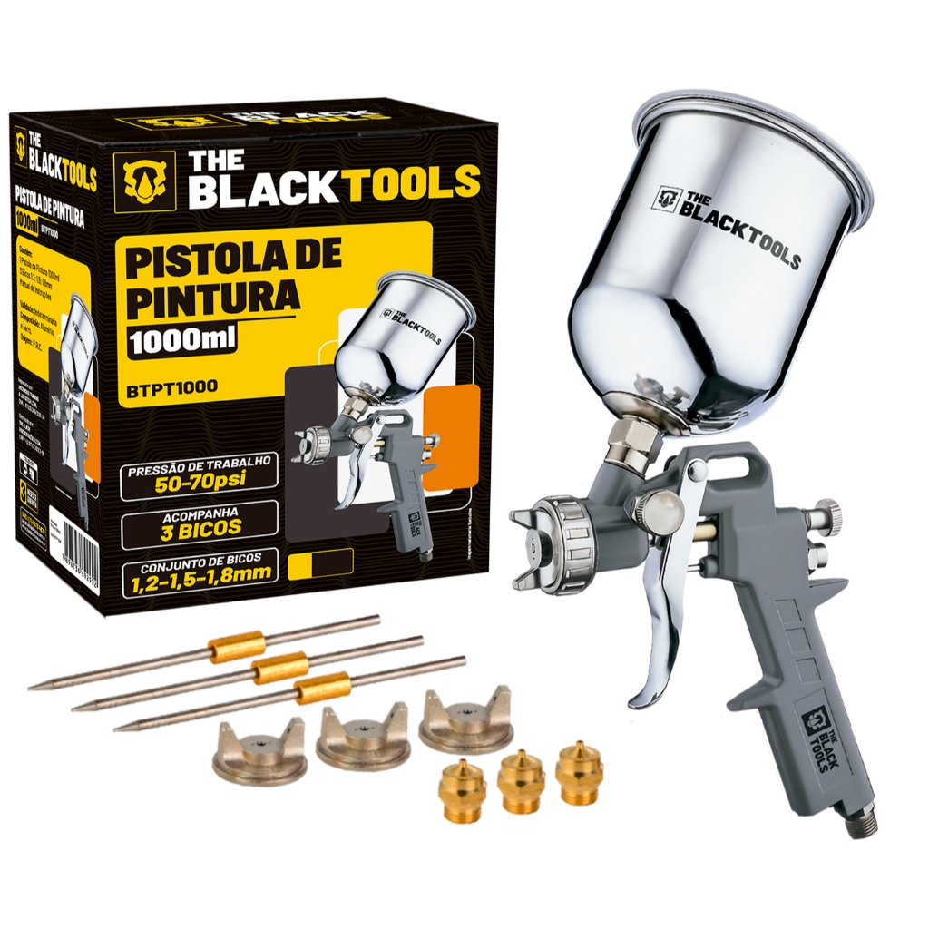 Pistola Pintura Gravidade Caneca 1000 Ml Rosca 1/4 Btpt1000 The Black Tools Prateado