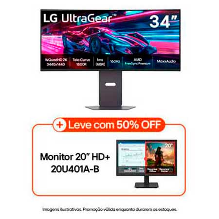 Monitor Gamer LG UltraGear Curvo 34G600A-B 34" QuadHD 2K UltraWide 1800R 160Hz 1ms (MBR) AMD Free