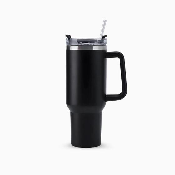 Copo Térmico Gigante 1,2l Inox Com Tampa E Inox Canudo Cor Preto Cor Pura / Material Fosco