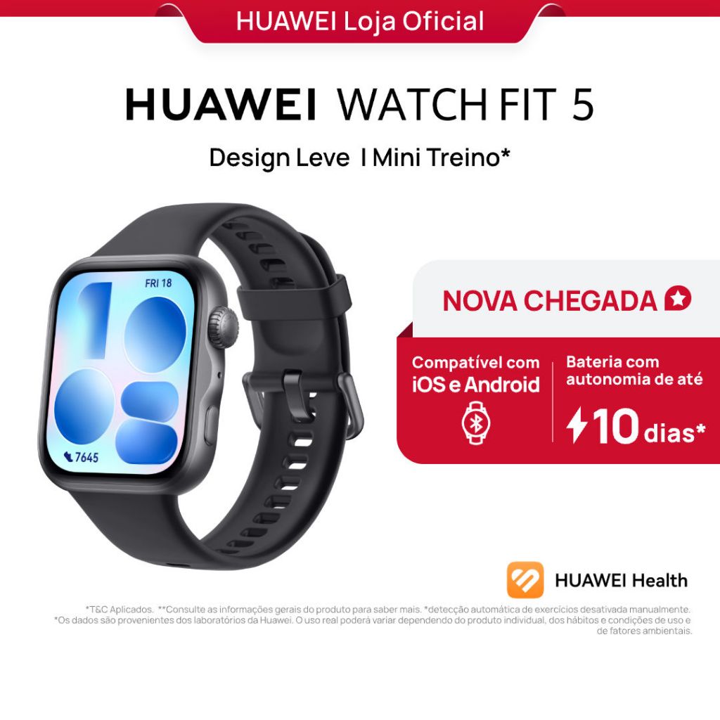 Smartwatch Huawei Watch Fit 5 Amoled De 182 Design Leve Mini Treino Bateria Com Até 10 Dias 64 Gb Gerenciamento... Preto Prateado Esportivo