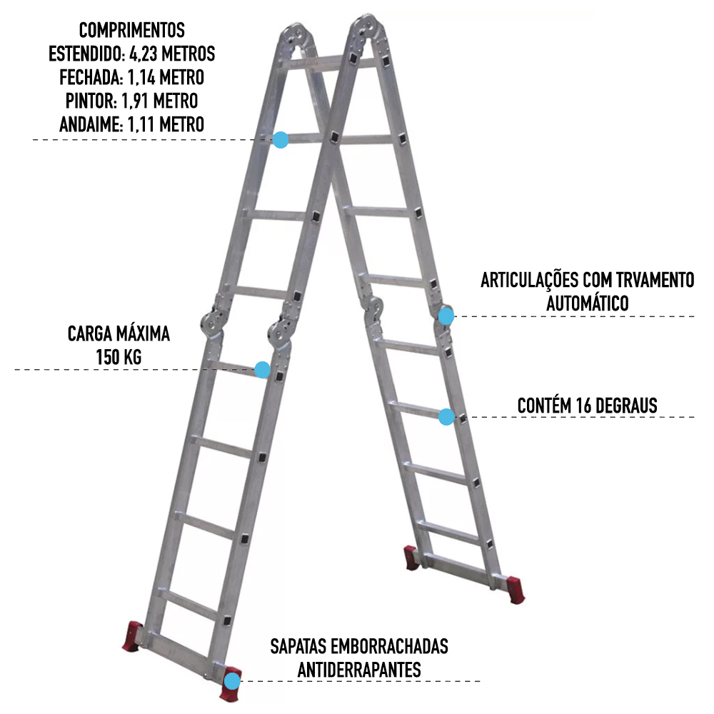 Escada Multifuncional De Alumínio 4x4 Com 16 Degraus Dobrável E Articulada Botafogo Leve E Resistente