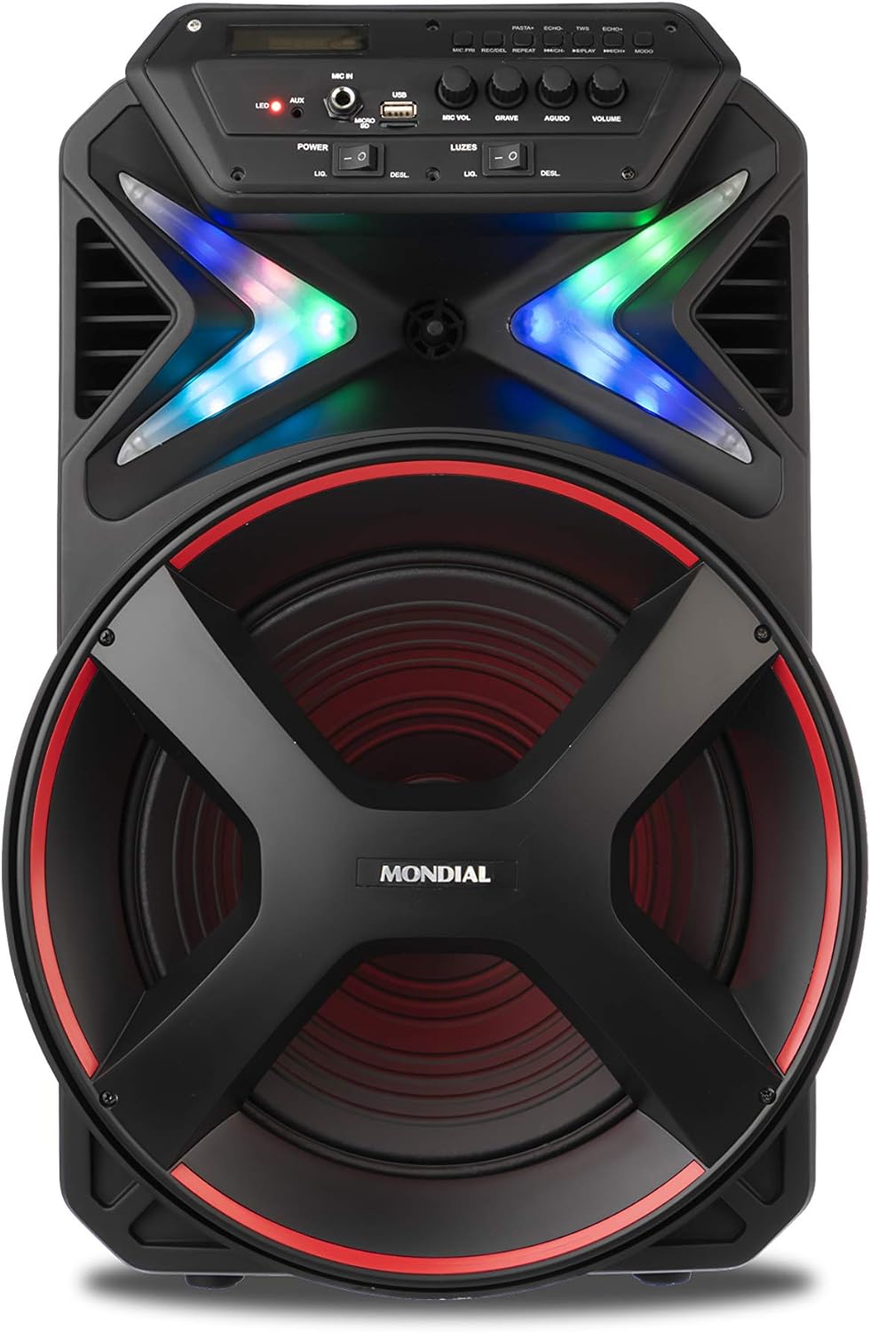 Caixa Amplificada MONDIAL Connect Lights 400W RMS | Preto/Vermelho, Bivolt, CM-400