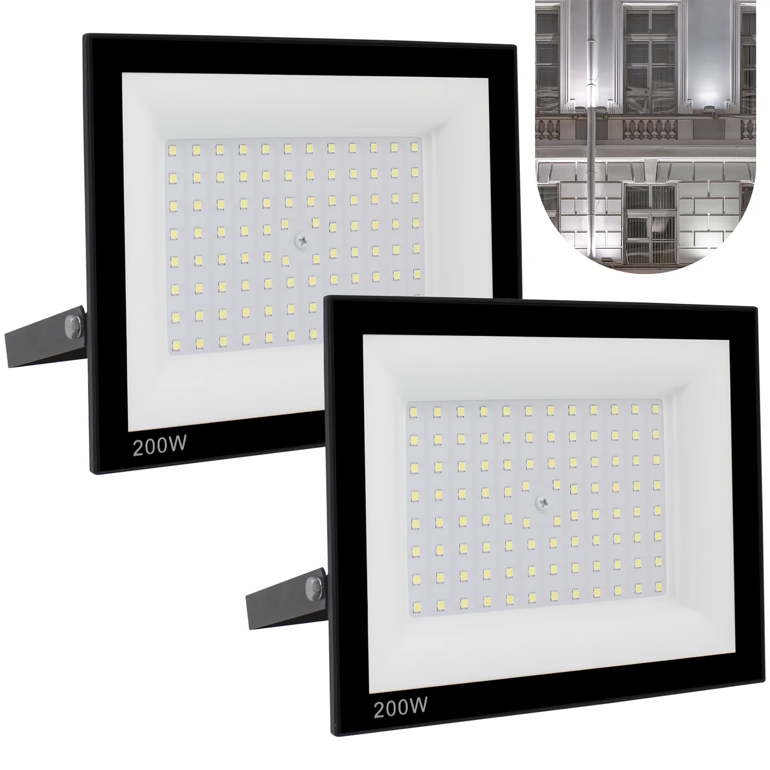 Kit 2 Refletor Led Holofote 200w Ip66 Branco Frio Carcaça Preto Luz Branco-frio