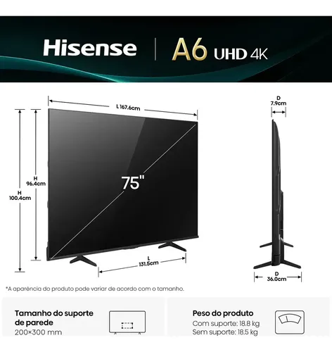 Hisense Smart Tv 4k 75 Polegadas 75a6nv Com Dolby Vision, Hdr10, HLG, Dolby Gaming, Film Maker, Dts Virtual X, Compatibilidade Alexa E Google Home