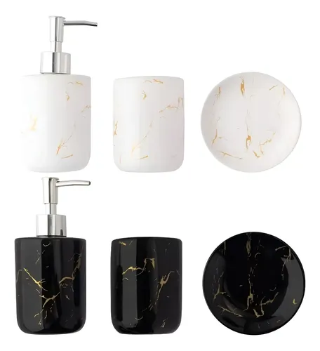 Kit Banheiro Lavabo Jogo 3 Pç Sabonete Dispenser Marmorizado Preto