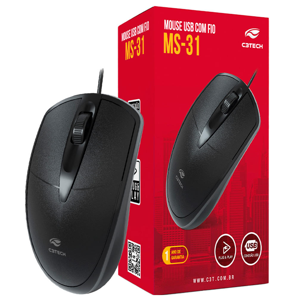 C3Tech Mouse USB Preto MS-31BK Ambidestro 1000DPI