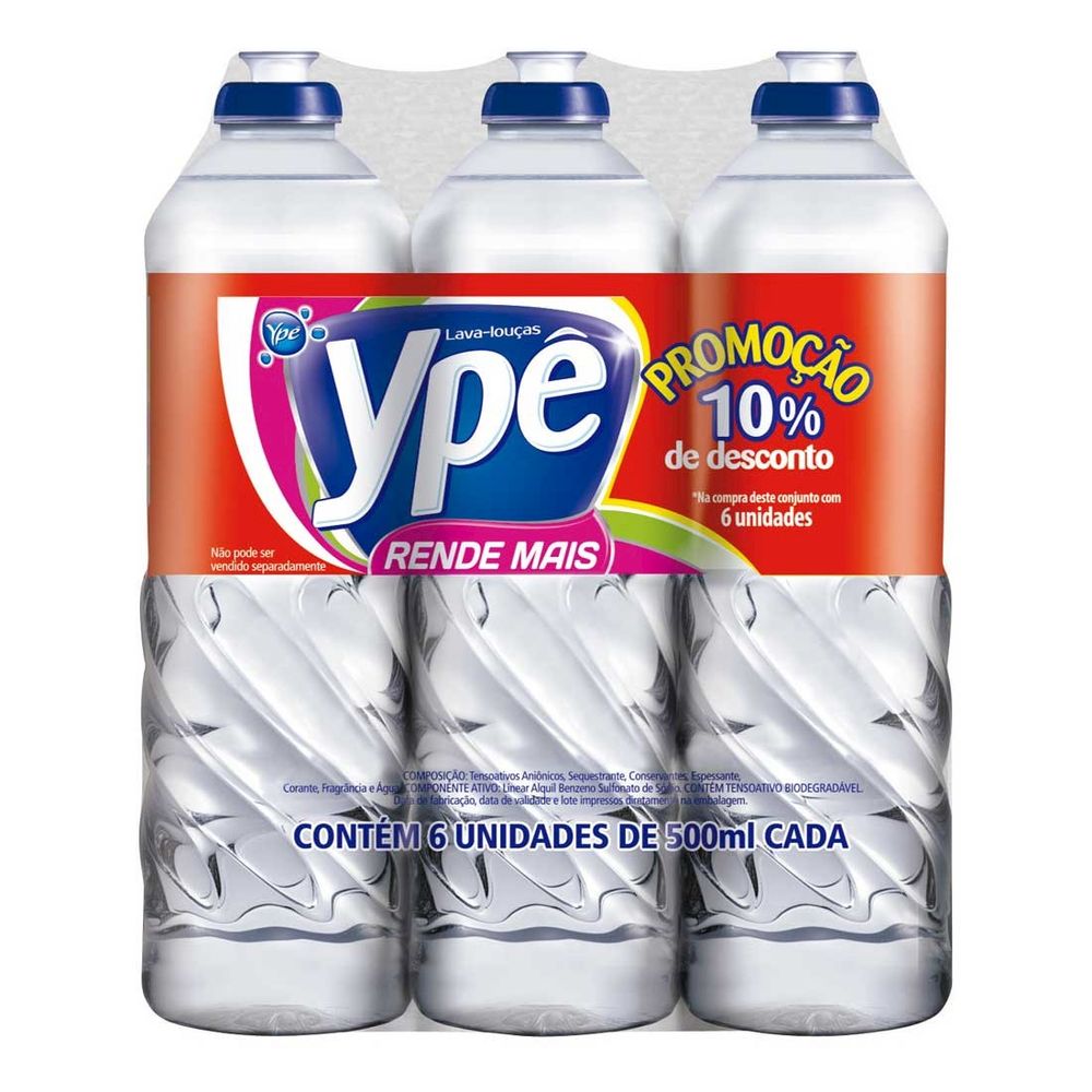 Ypê Pack Detergente Clear 500ml (6 unidades)