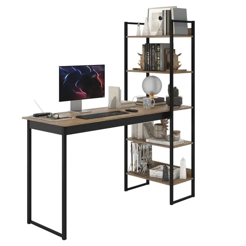 Mesa Escrivaninha Industrial Laminado Com Preto 5 Prateleiras Design Moderno Modelo Para Home Office Mod: Athenas Shoop