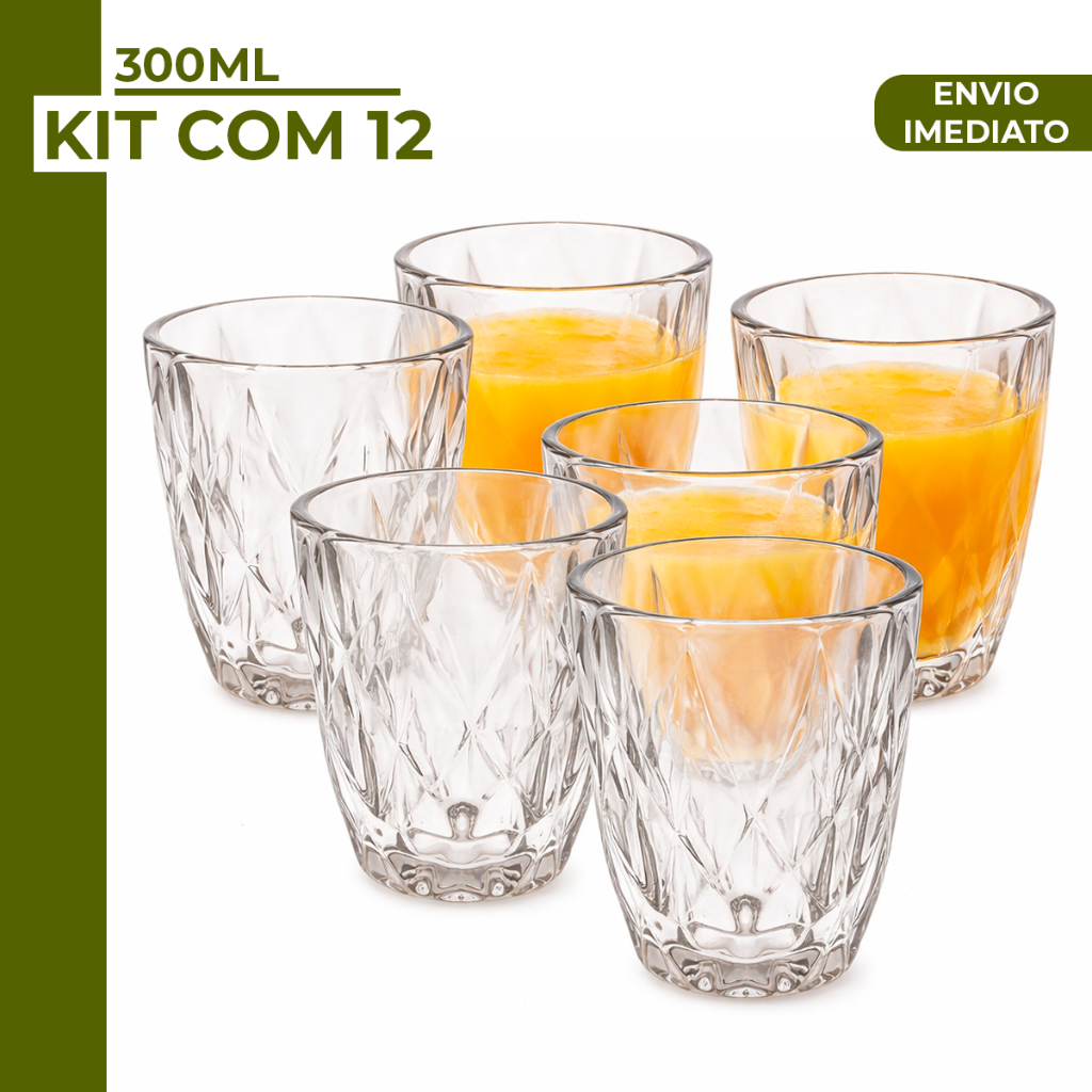 Jogo 6 Copos Baixos Diamond 300ml Vidro Resistente Diamante