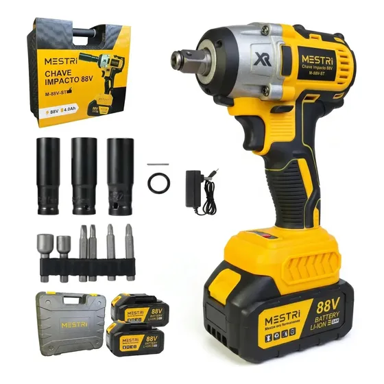 Chave De Impacto A Bateria Profissional Recarregável 88v 4ah Brushless Parafusadeira Furadeira Alta Potência Sem Escova 2 Baterias Mestri M-88v