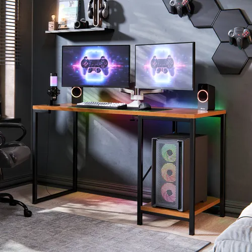 Escrivaninha Gamer Tokyo Mdf Mesa Para Computador Home Office E Estudos Com Suporte Para Cpu E Prateleira Lateral Estrutura Em Aço Estilo Industrial Design Moderno Amplo Cor Canela Preto