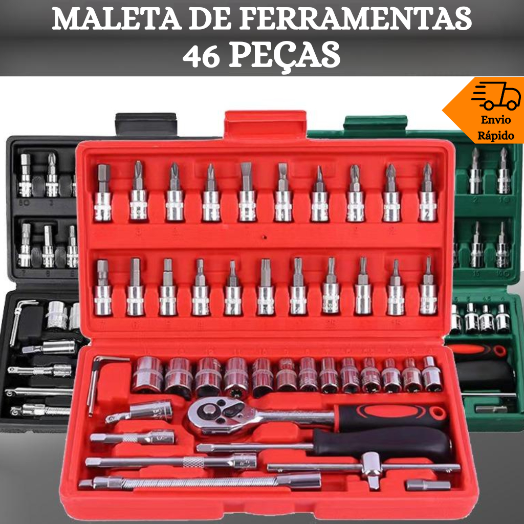 Kit Chave Catraca Soquete 46 Peças Jogo Ferramentas Cromo Vanádio Manutenção de Carros e Motos