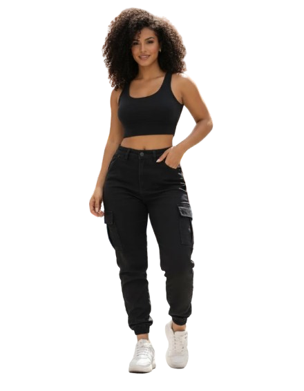 Calça Cargo Jogger Jeans Feminina Cintura Alta Com Lycra