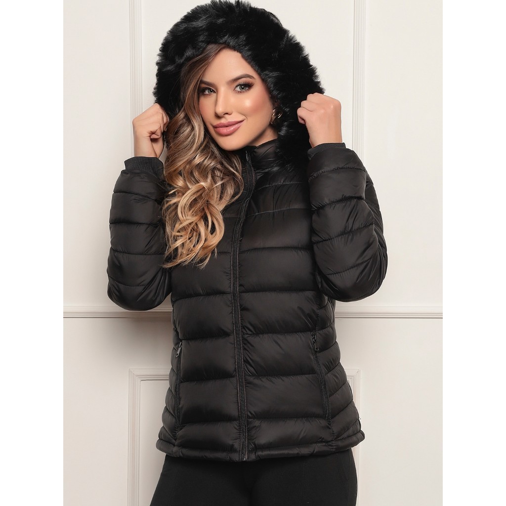 Jaqueta Feminina Puffer Impermeável Capuz Inverno Frio