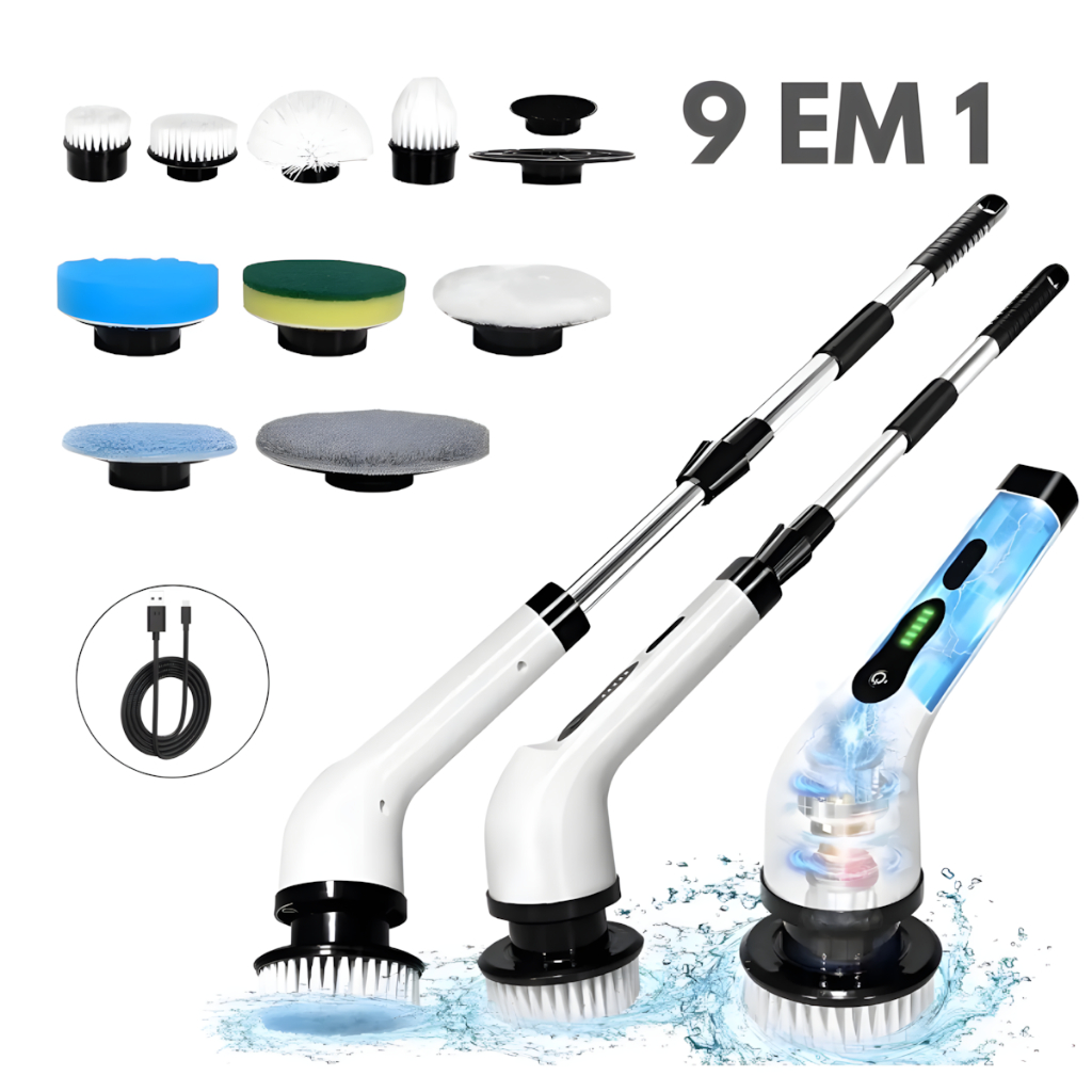 Esfregão Mop 9 Em 1 Escova De Limpeza Elétrica Multiuso Rotatória Magica Limpa Canto Friso Banheiro Cozinhha Bivolt Branco