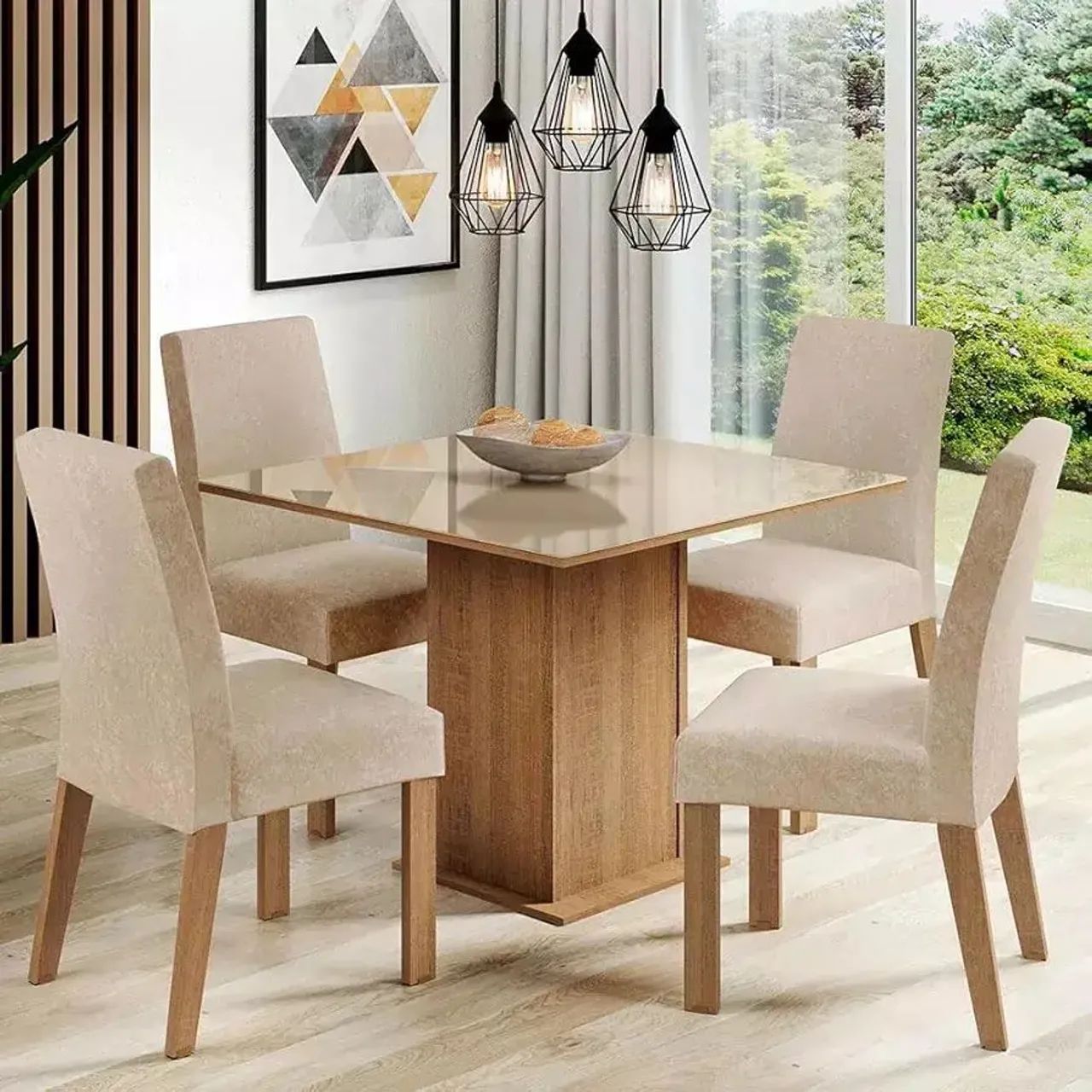 Sala Jantar Madesa Evelin Mesa Tampo Vidro Com 4 Cadeiras Cor Rustic/Crema/Imperial Desenho do tecido das cadeiras Liso