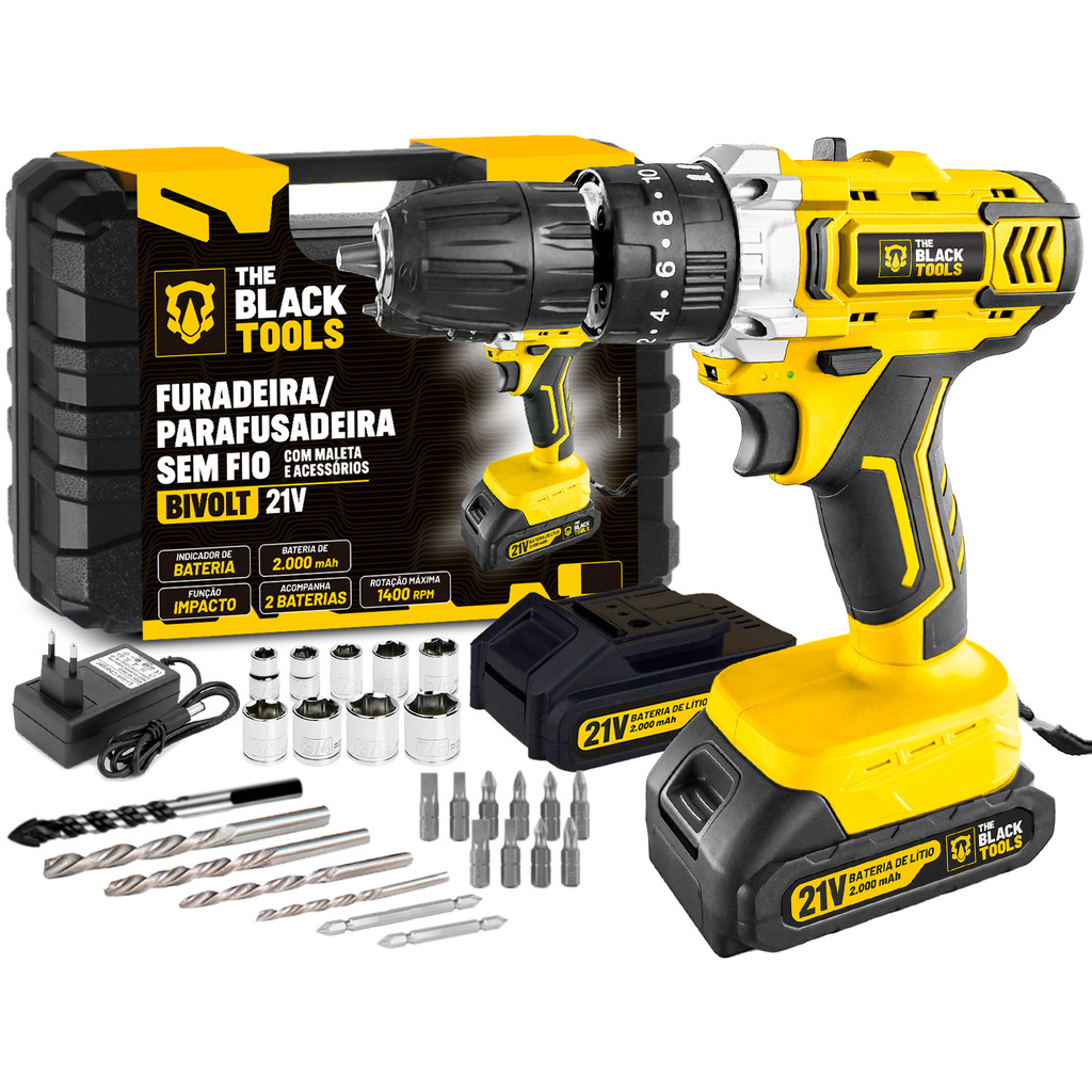 Furadeira E Parafusadeira De Impacto 2 Baterias 2000mah 21v 3/8 Tb-21pkx The Black Tools Com Maleta E Acessorios