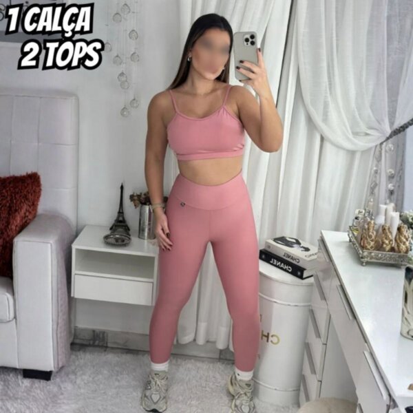 Kit 3 Conjuntos 1 Calça Legging + 2 Top Alça Roupa Feminina