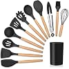 Kit 12 Utensílios De Cozinha Em Silicone E Cabo De Madeira