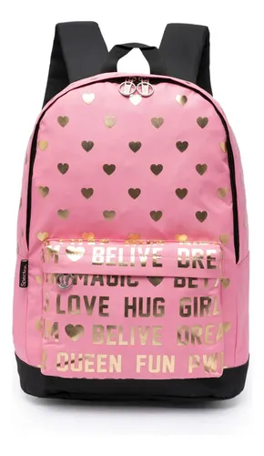 Bolsa Love Feminina Mochila Escolar Spector Reforçada Rosa Corações