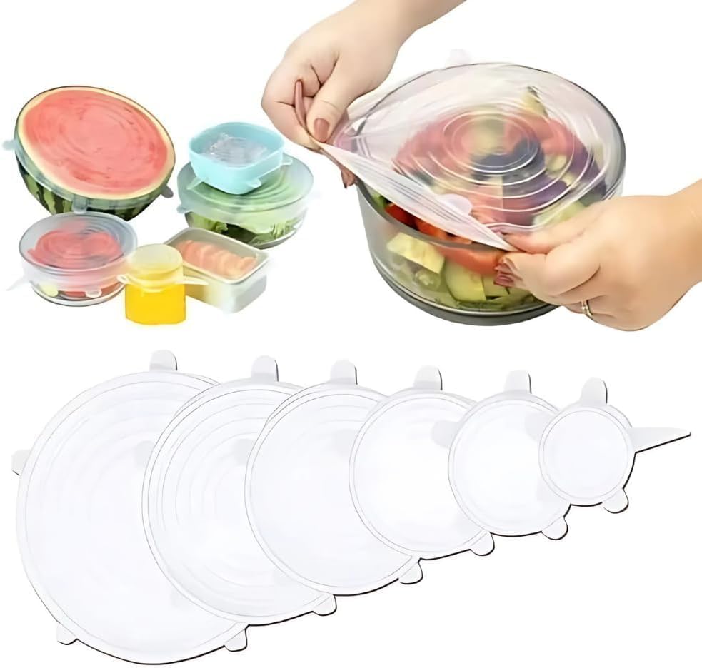 Kit 6 Tampas de Silicone Reutilizáveis Herméticas | Tampa Flexível Universal para Potes Panelas Geladeira e Freezer