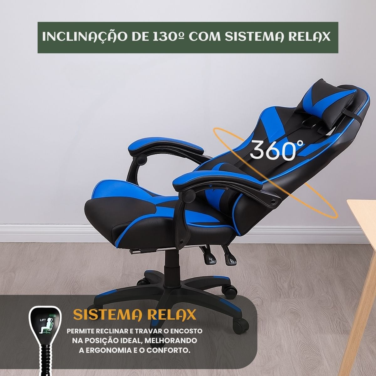 Cadeira Escritório Gamer Ergonômica Reclinável Com Apoio dos Pés Em Couro Azul Led Tools