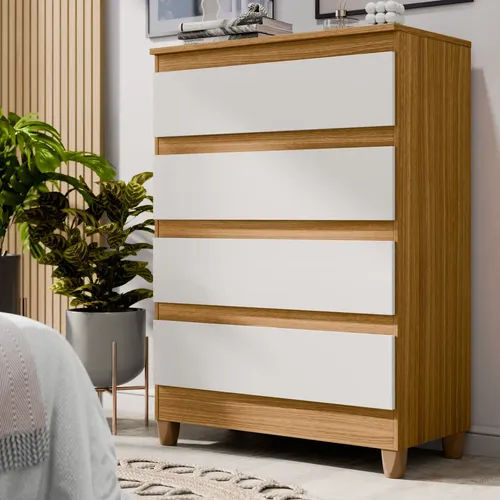 Cômoda 4 Gavetas Para Quarto De Casal Multiuso Organizadora De Roupas Com Pés Cor Off Nature