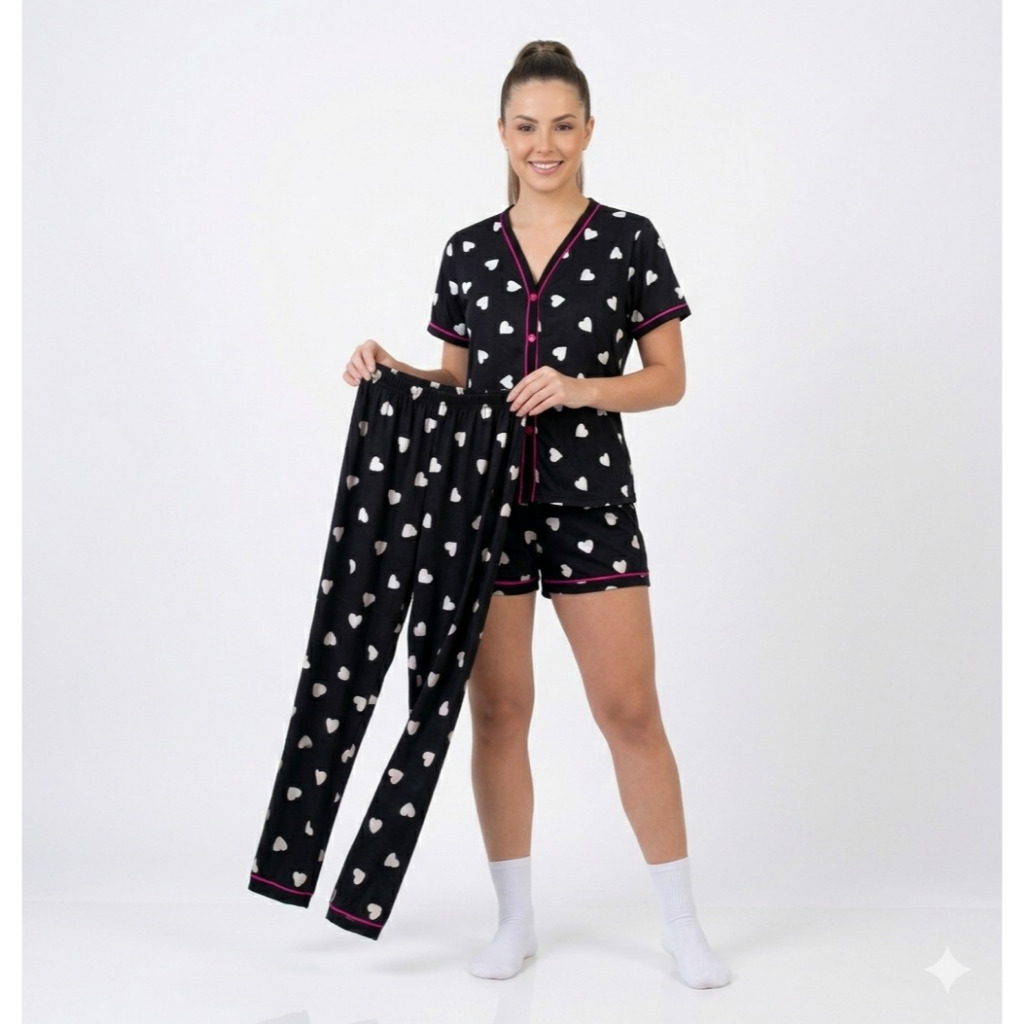 Kit Pijama Americano 3 Peças Camisa Botões + Calça + Short