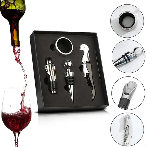 Kit Vinho 4 Peças Aço Inox Vbs Brasil Abridor Garrafa Manual Tipo Saca Rolhas Bico Dosador Tampa Anel