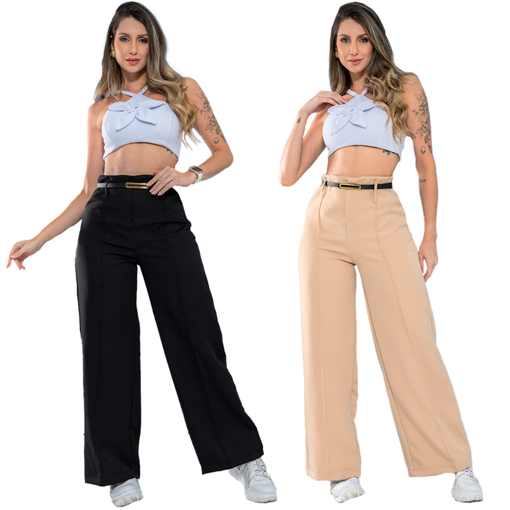 Kit 2 Calça Pantalona Feminina Alfaiataria Elegante C/ Cinto