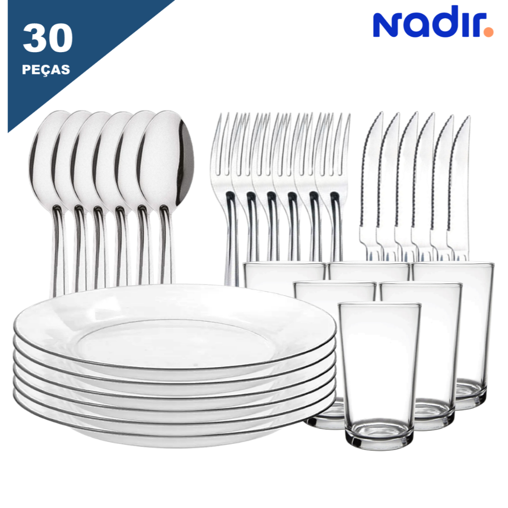 Jogo Mesa Posta 30 Peças 6 Pratos + 6 Taças 340ml + 18 Talheres Inox Luxo Elegante Mesa Posta Completa