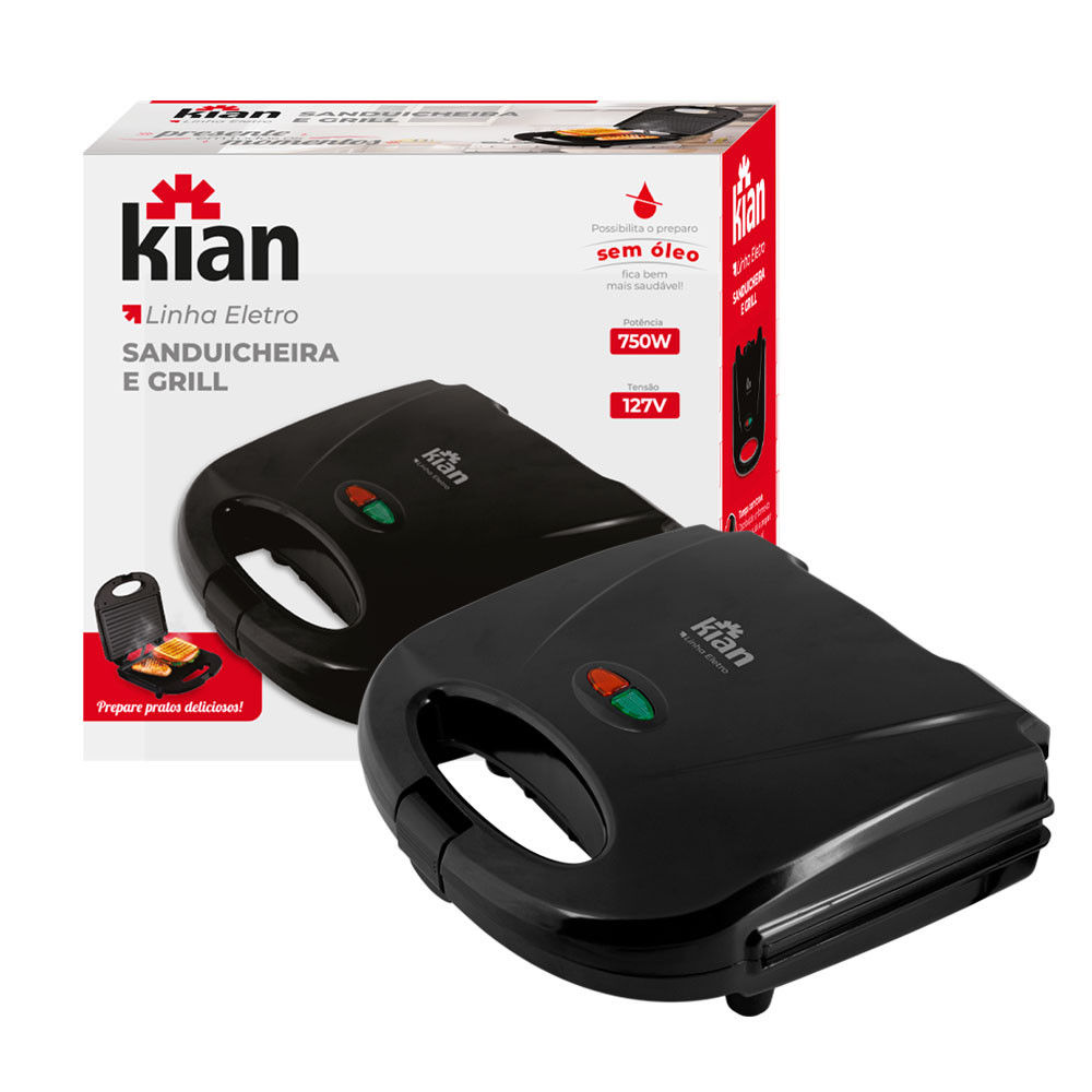 Sanduicheira Grill 2 Em 1 Kian Preta Elétrica 750w Cor Preto,Seu Mixto Quente Ultra Rápido, e Outros Petiscos