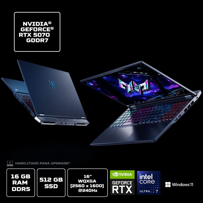 Notebook Gamer Predator Helios Neo 16 Phn16-73-76TF Com IA Intel Core Ultra 7 255HX 16GB 512SSD RTX5070 WQXGA 16