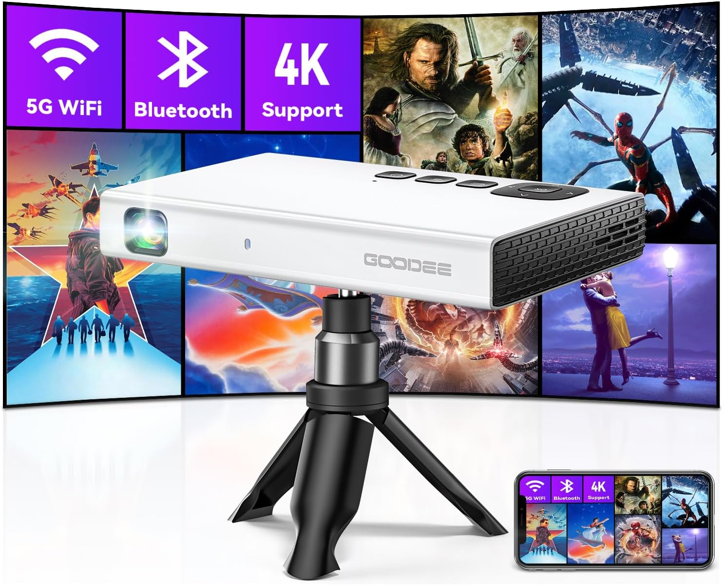 Projetor 4K 1080P DLP Portátil Wi-Fi Bluetooth