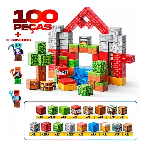 Kit 100 Blocos Magnéticos De Montar Construção Brinquedo