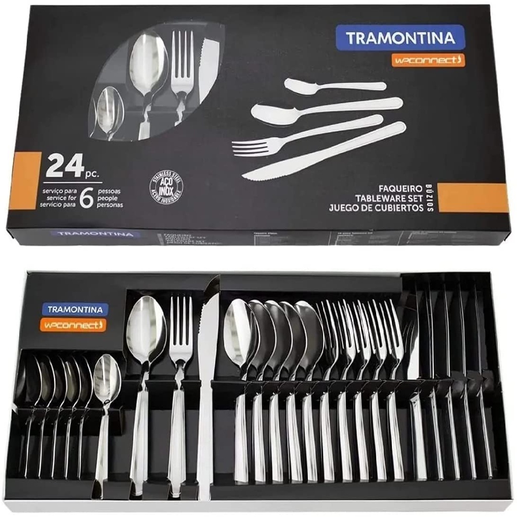 Faqueiro Tramontina 24 Peças Inox Jogo De Talheres Completo 6 Pessoas, Resistente, Não Enferruja, Fácil Limpeza, Kit Talheres Inox Premium Para Cozinha, Mesa Posta E Dia A Dia