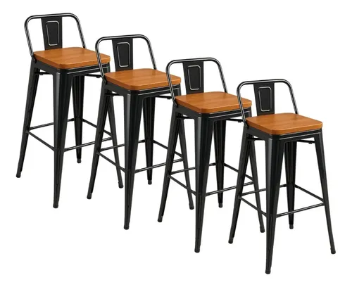 Kit 4 Banquetas Altas Tolix Com Assento Madeira Com Encosto