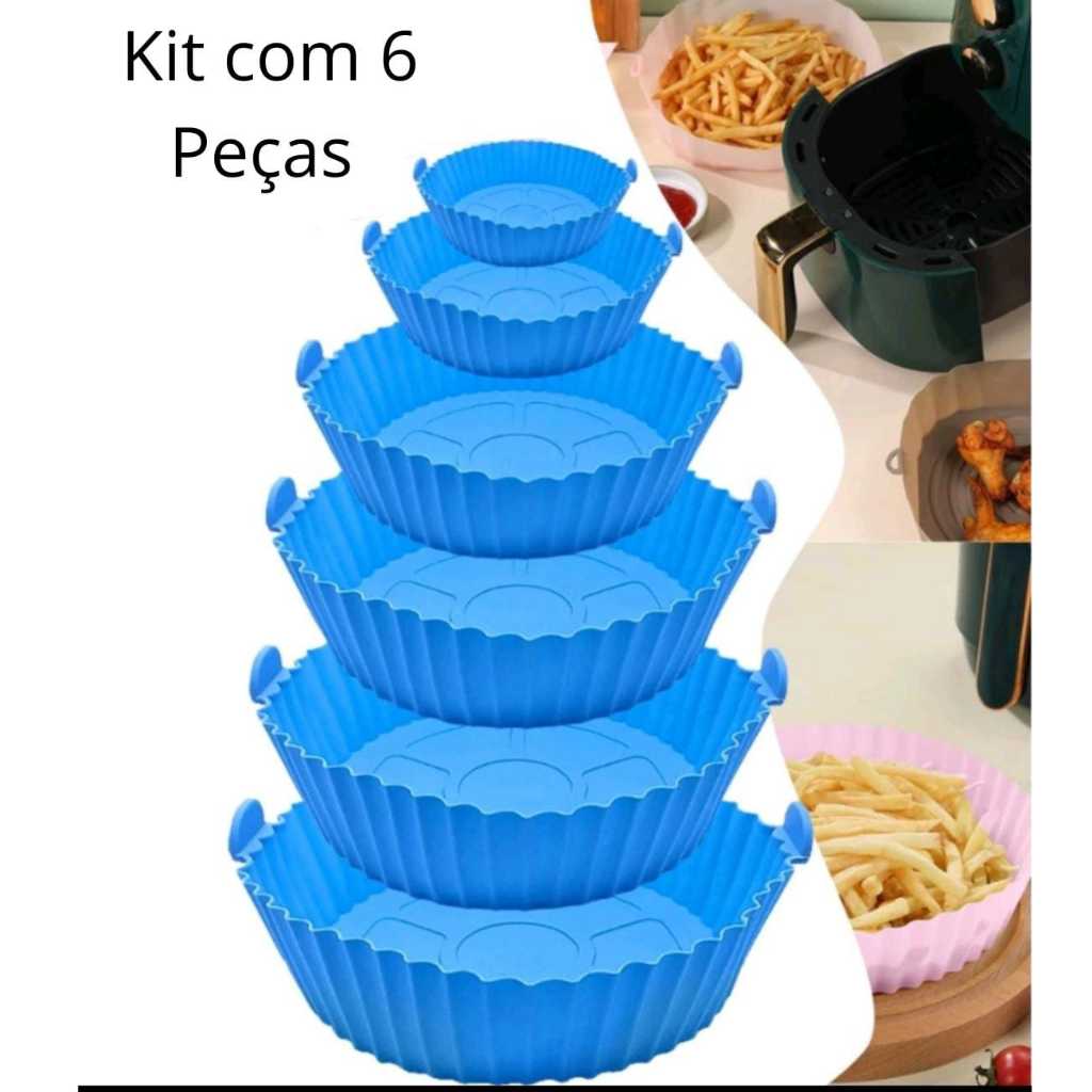 Kit 6 Forma de Silicone para Fritadeira Air Fryer com Alça Antiaderente Cozinha Forma de Airfryer Silicone 6 Tamanhos