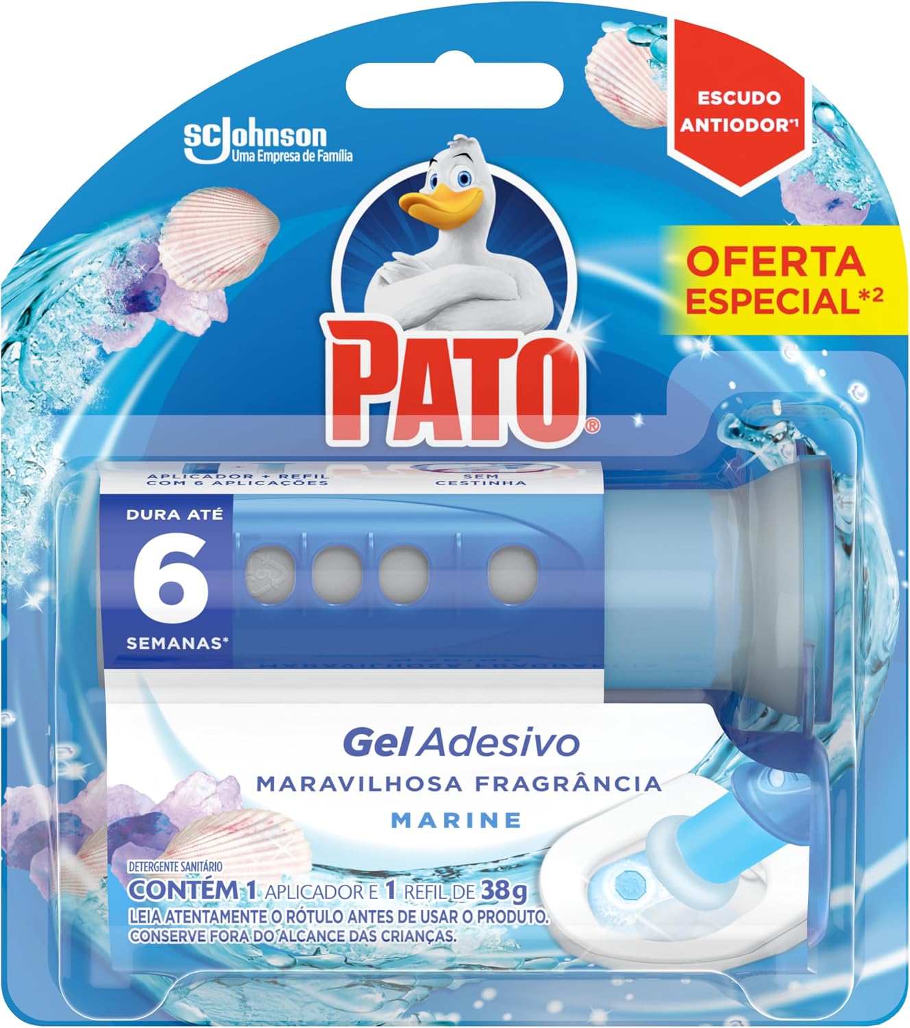 Pato Desodorizador Sanitário Gel Adesivo Marine, Limpeza Banheiro, Com Aplicador, 6 Discos