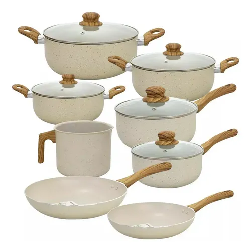 Jogo De Panelas Casambiente 8 Peças Revestimento Cerâmico Antiaderente Creme