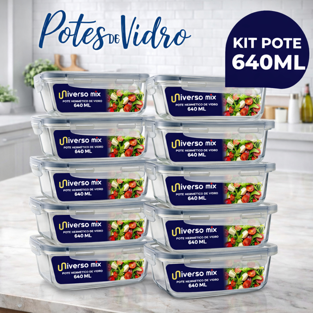 Kit 10 Potes Herméticos De Vidro 640ml Kit Marmita Fitness