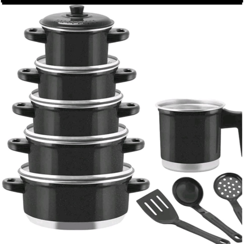 Jogo De Panela Caçarola + Caneco(leiteira) Kit 9 Peças Cor Preto Craqueado