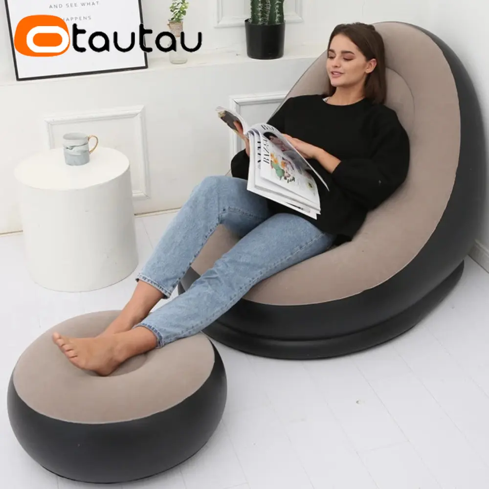 OTAUTAU-Espreguiçadeira inflável com Footstool Otomano Chaise Lounge Recliner Outdoor Portátil Camping Couch Cadei