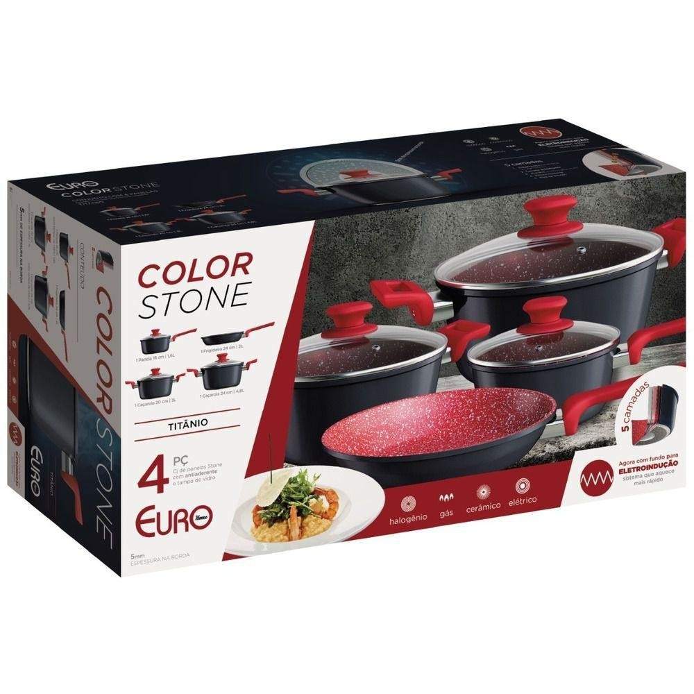 Conjunto De Panelas Euro Home Colorstone Antiaderente 4 Peças Titânio