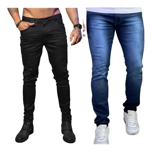 Kit 2 Calça Jeans Masculina Preta Azul Direto Fabrica Slim