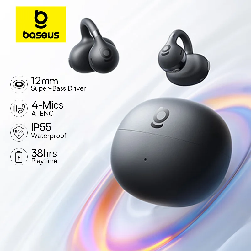 Baseus bc1 clipe de orelha fones de ouvido aberto sem fio bluetooth 6.0 clipe em fones de ouvido esportivos 4 microfones
