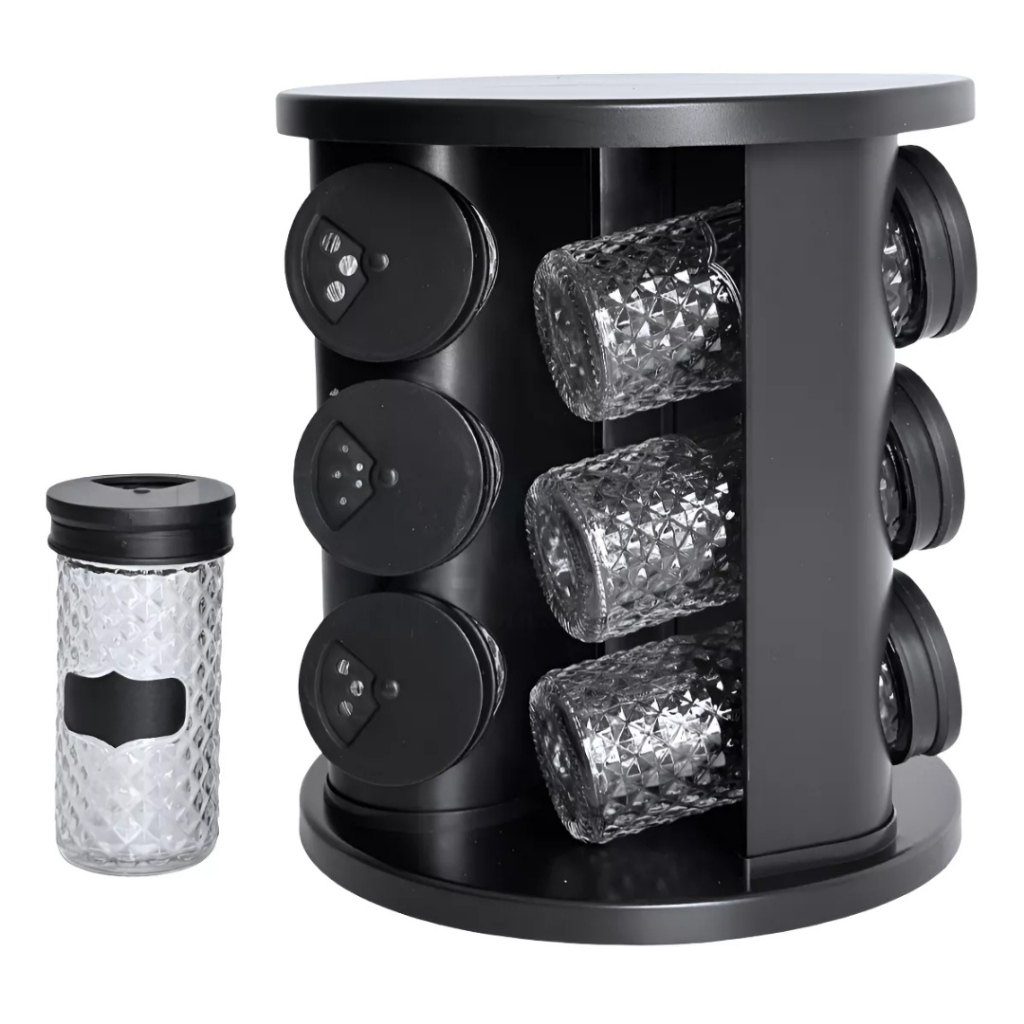 Porta Temperos Condimentos 9 Potes De Vidro Base Giratória 360° 9 Etiquetas Adesiva Organizador Cozinha Dosador Suporte Bancada Mesa Orégano Sal Páprica Pimenta Indue Variedades