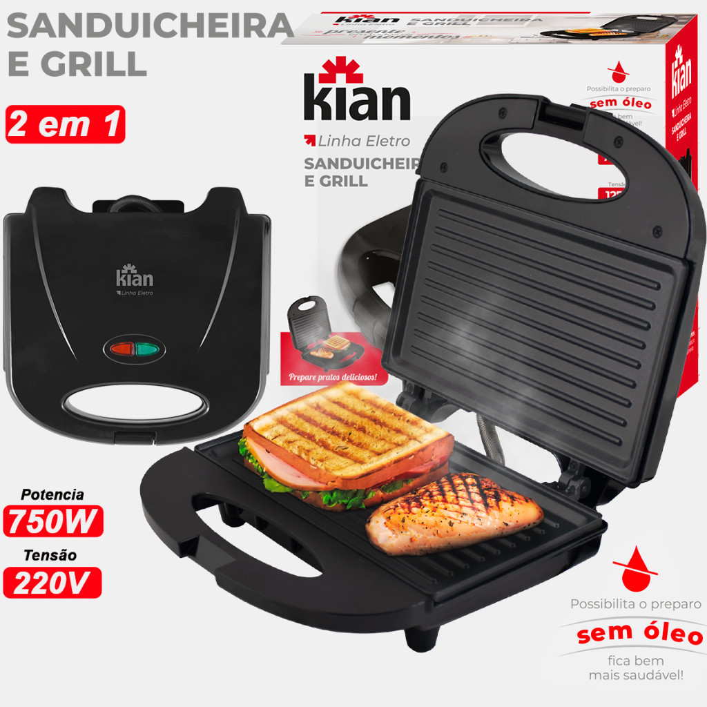 Sanduicheira Grill 2 Em 1 Preta 750w Preto Kian