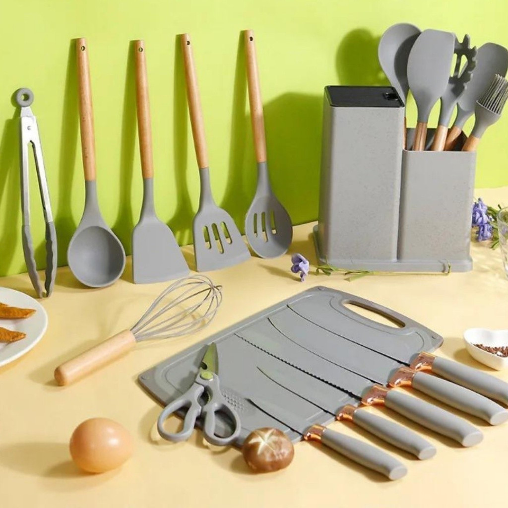 19 Peças Kit Utensilios Cozinha Tábua Em Silicone Espátula
