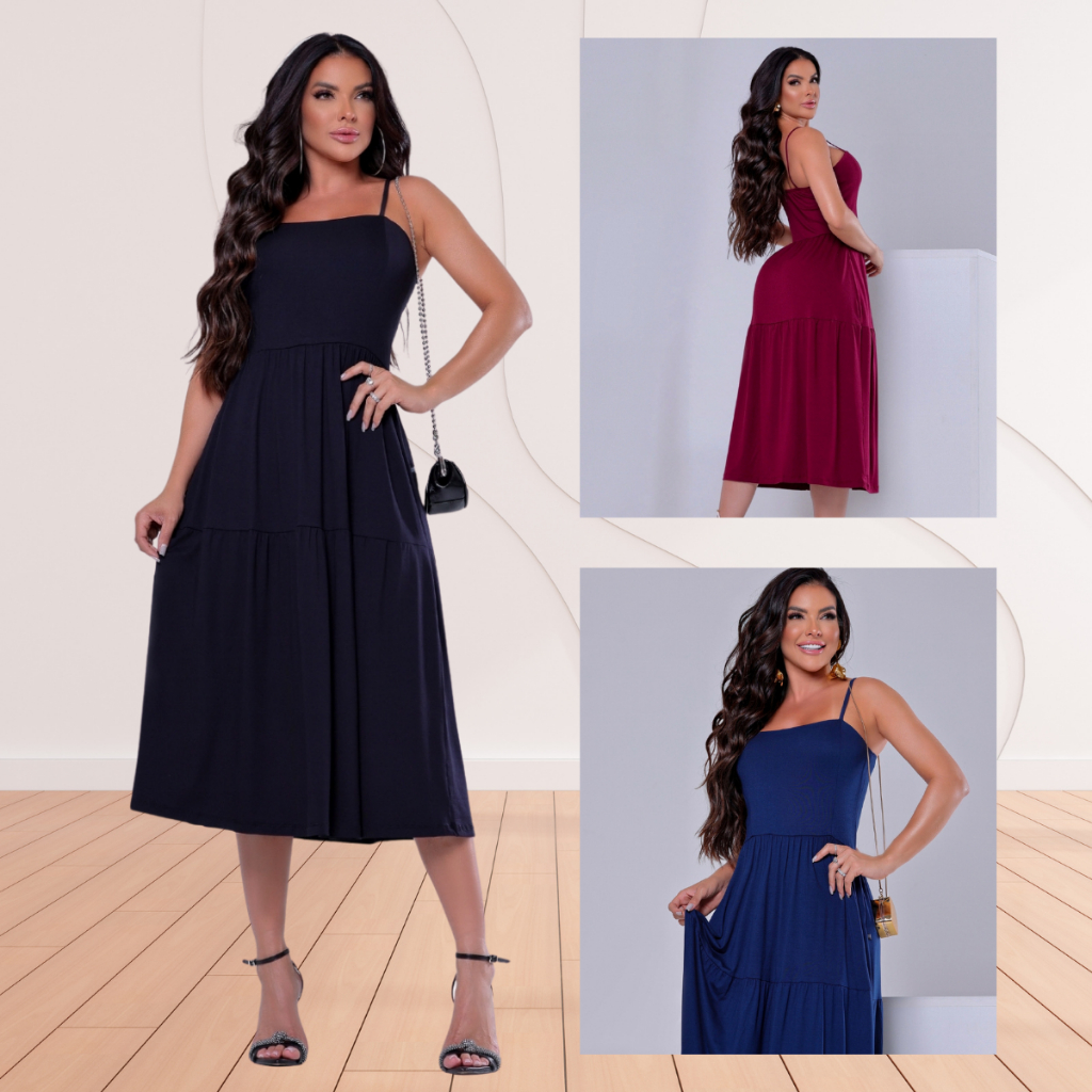 Vestido Midi Feminino Alcinha Viscolycra Soltinho Elegante